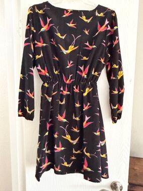 Women's Black Midi Dress with Multicolor Bird Print